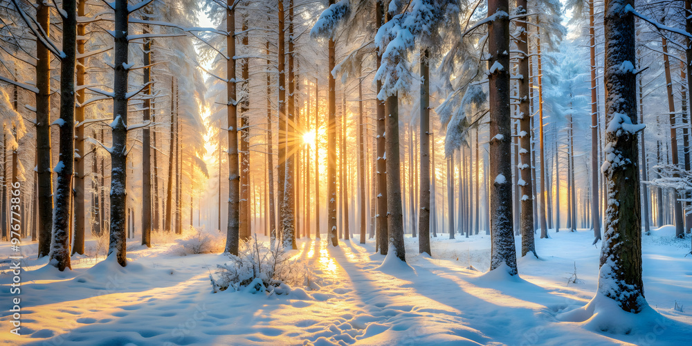 Obraz premium Winter forest with snow covered trees in ethereal morning light, creating a peaceful and quiet atmosphere , Snow, trees