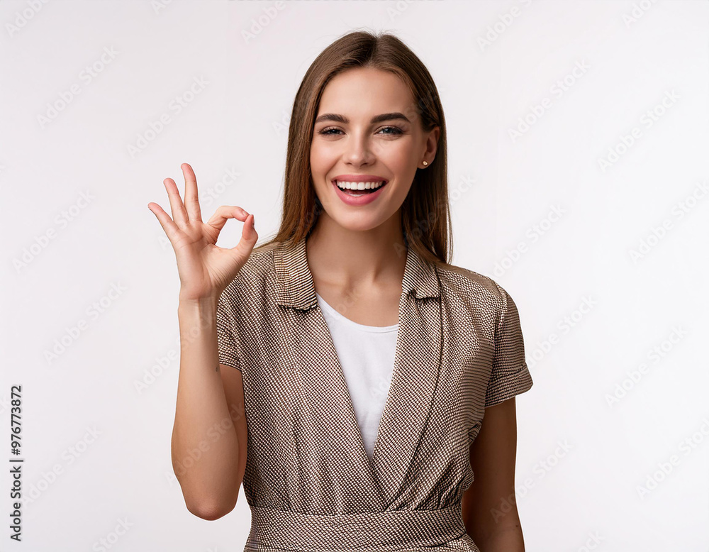 Mujer joven alegre guiñando un ojo y mostrando el signo ok decir bien o sí aprobar algo bue Mujer joven alegre guiñando un ojo y mostrando el signo ok decir bien o sí aprobar algo bue