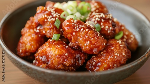 68. Detailed shot of Korean-style fried chicken with a rich sweet and sour sauce, garnished with sesame seeds and scallions, on a ceramic plate