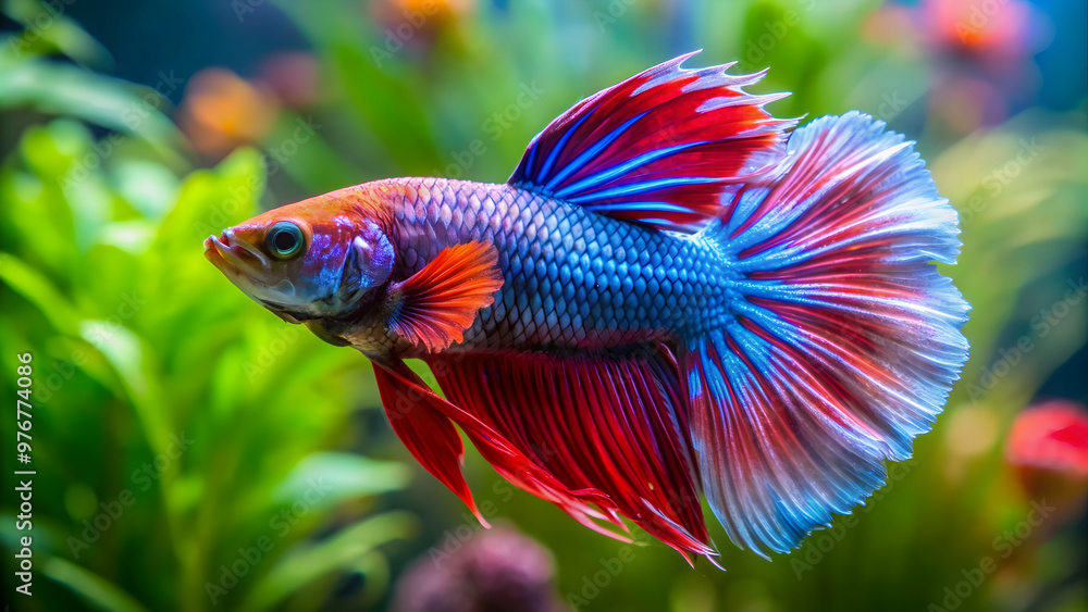 Vibrantly colored Betta splendens fish swimming in a tank , Betta fish, Siamese fighting fish, Aquarium, Colorful, Tropical Vibrantly colored Betta splendens fish swimming in a tank , Betta fish, Siamese fighting fish, Aquarium, Colorful, Tropical