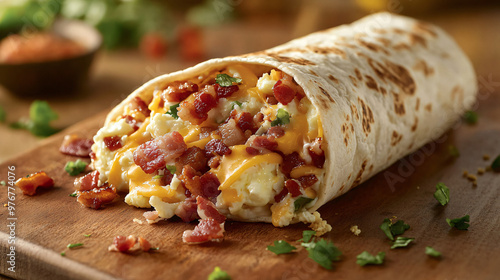 A visual of a loaded breakfast burrito with eggs, bacon, cheese, and salsa.