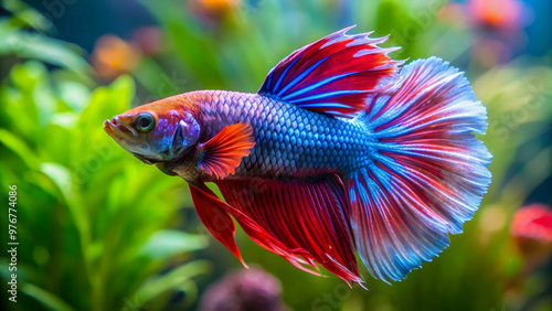 Vibrantly colored Betta splendens fish swimming in a tank , Betta fish, Siamese fighting fish, Aquarium, Colorful, Tropical