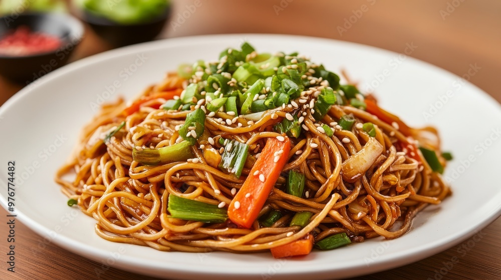 83. Detailed shot of vegan yakisoba noodles stir-fried with fresh vegetables, topped with sesame seeds and finely chopped green onions, presented on a white ceramic plate 83. Detailed shot of vegan yakisoba noodles stir-fried with fresh vegetables, topped with sesame seeds and finely chopped green onions, presented on a white ceramic plate