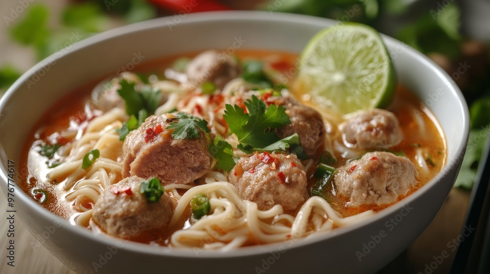 86. Close-up of a steaming bowl of egg noodles with tender pork slices and meatballs in a spicy Tom Yum broth, garnished with cilantro, lime, and chili flakes 86. Close-up of a steaming bowl of egg noodles with tender pork slices and meatballs in a spicy Tom Yum broth, garnished with cilantro, lime, and chili flakes