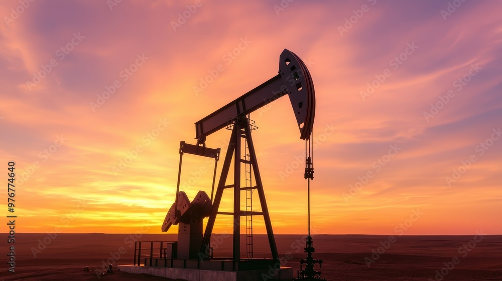 Silhouette of an oil pumpjack against a colorful sunset, symbolizing energy production and the oil industry. Silhouette of an oil pumpjack against a colorful sunset, symbolizing energy production and the oil industry.