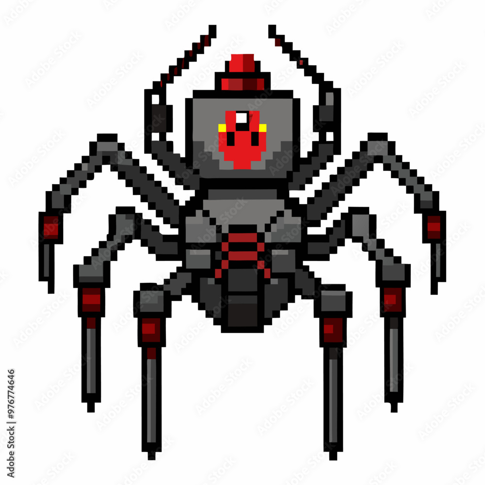 Obraz premium Pixel Art Robot Spider Retro Gaming Style Digital Insect with Red Accents