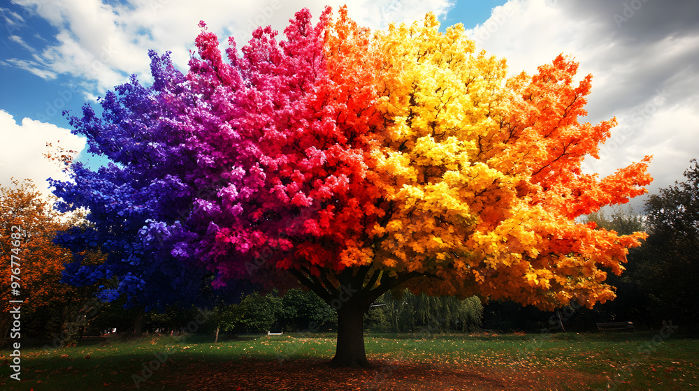 A tree whose trunk and branches are painted in rainbow colors, with each branch representing a different color A tree whose trunk and branches are painted in rainbow colors, with each branch representing a different color