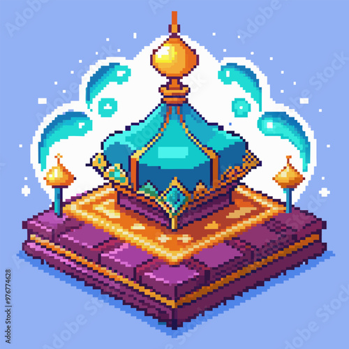Pixel Art Fantasy Pavilion with Glowing Blue Orbs and Golden Spire on Purple Base
