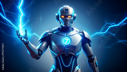 Futuristic navy blue robot character with light blue neon lights and lightning logo , Futuristic, robot