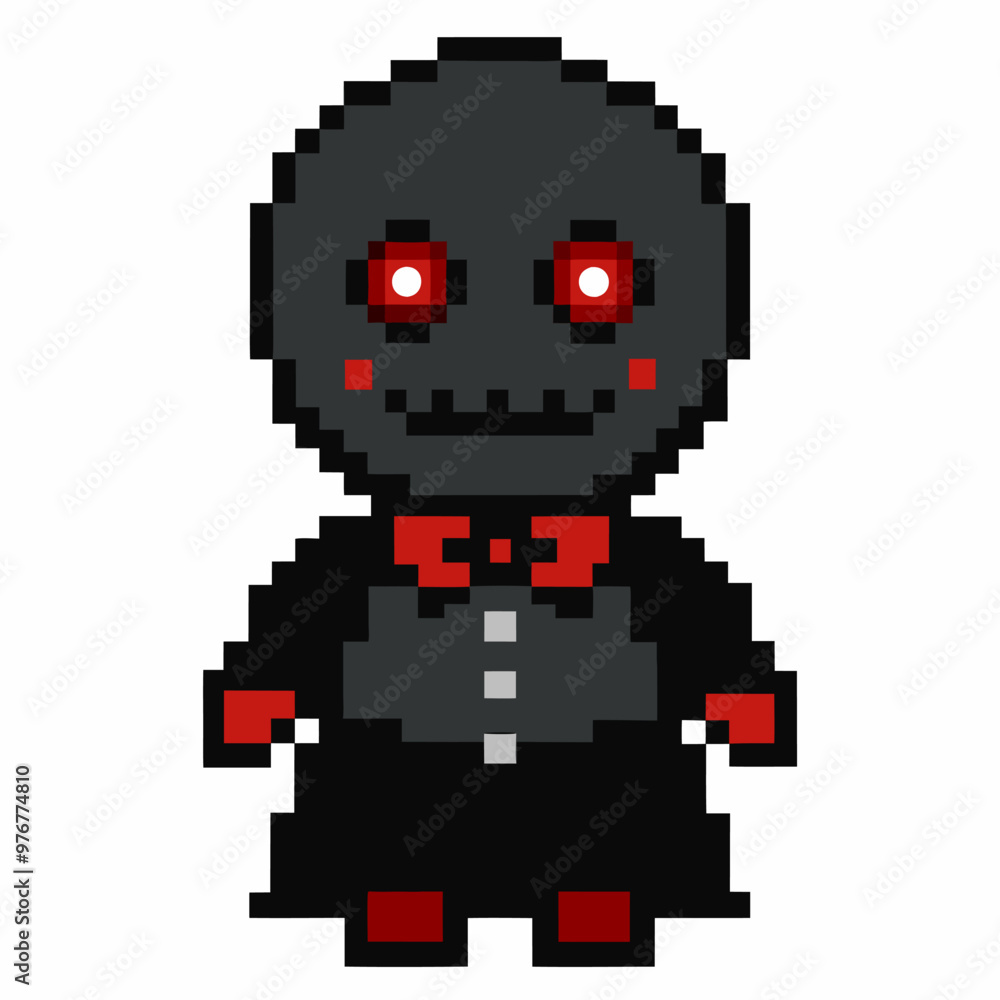 Fototapeta premium Pixel Art Character in Black Suit with Red Bowtie and Buttons