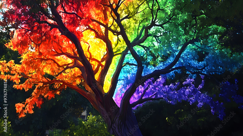 A tree whose trunk and branches are painted in rainbow colors, with each branch representing a different color A tree whose trunk and branches are painted in rainbow colors, with each branch representing a different color