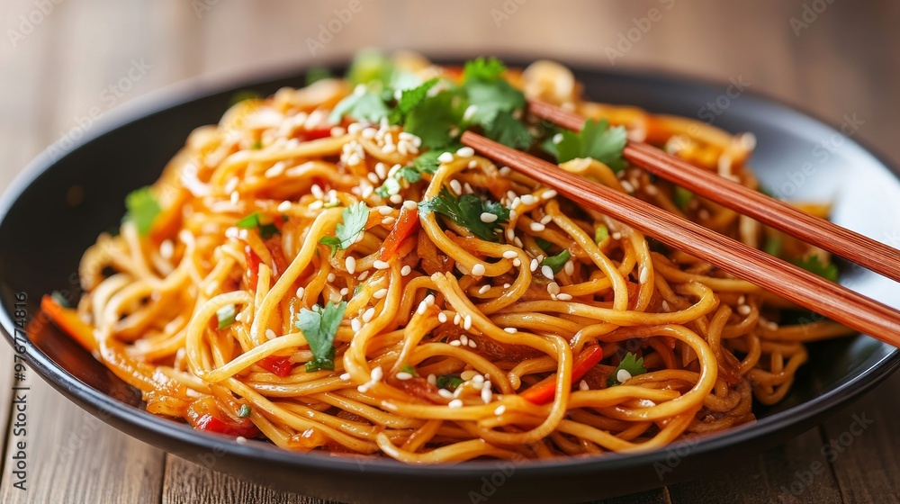 92. High-angle view of a plate of spicy vegetable Hakka noodles, served with wooden chopsticks, garnished with sesame seeds and fresh cilantro 92. High-angle view of a plate of spicy vegetable Hakka noodles, served with wooden chopsticks, garnished with sesame seeds and fresh cilantro