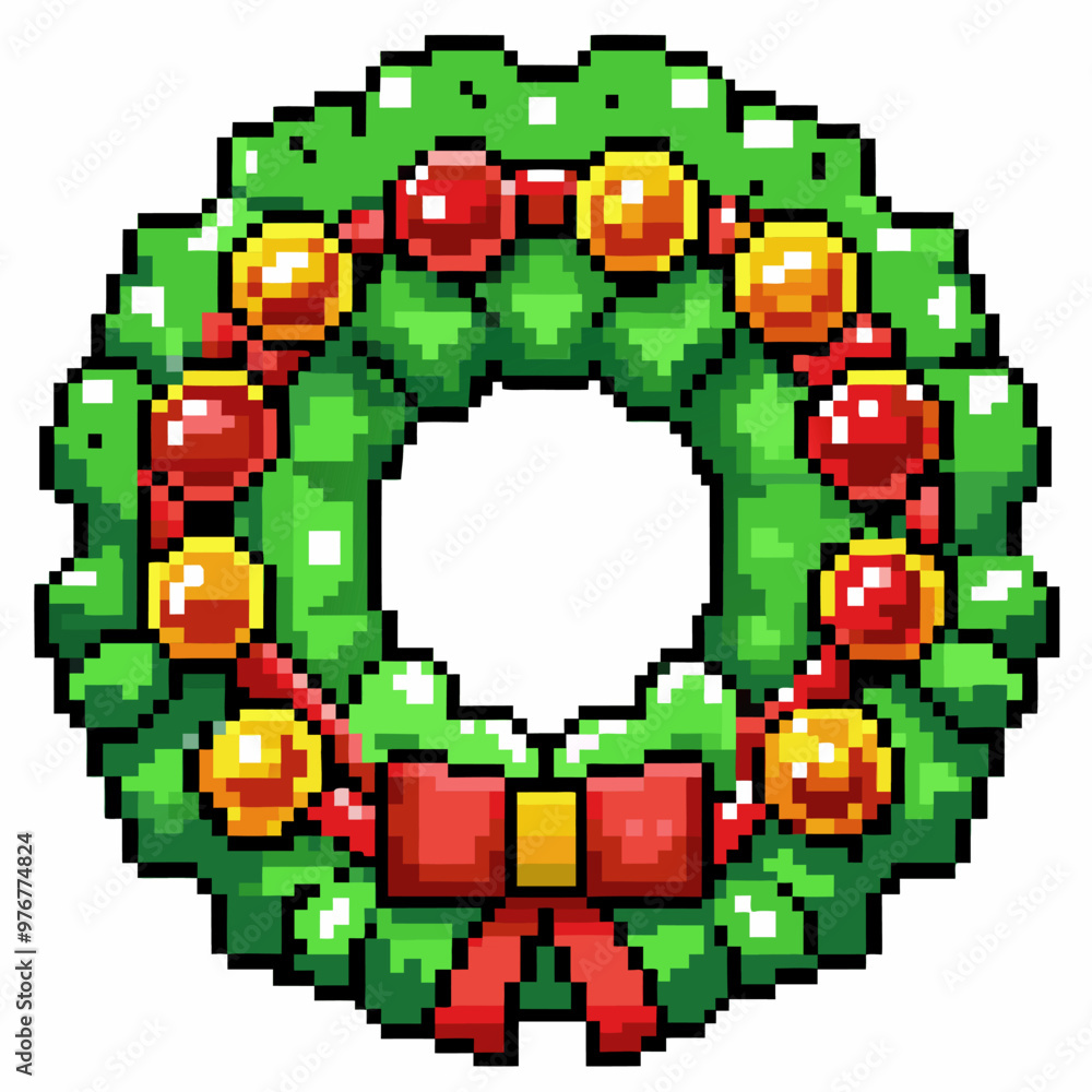 Pixel Art Christmas Wreath with Red Bow and Decorations Festive Holiday Season Design Pixel Art Christmas Wreath with Red Bow and Decorations Festive Holiday Season Design