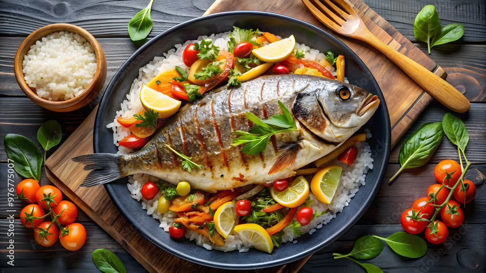 Grilled dorado fish served on a bed of vegetables and rice , Baked, fish, dorado, sea bream, grilled, seafood, ocean, delicious, meal Grilled dorado fish served on a bed of vegetables and rice , Baked, fish, dorado, sea bream, grilled, seafood, ocean, delicious, meal