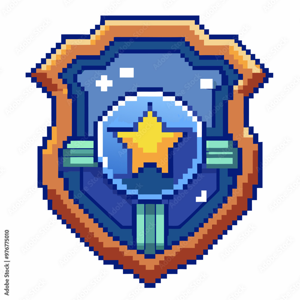 Obraz premium Pixel Art Police Badge Shield with Star in Retro Game Style