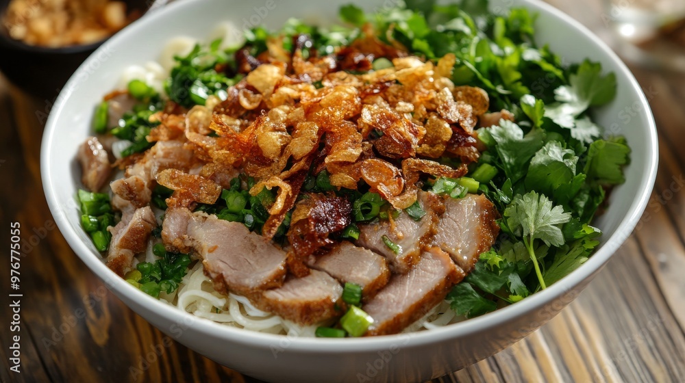 99. Bowl of Bakmie Khek with tender slices of pork, egg noodles, and green vegetables, topped with fried onions and cilantro, presented on a wooden table 99. Bowl of Bakmie Khek with tender slices of pork, egg noodles, and green vegetables, topped with fried onions and cilantro, presented on a wooden table