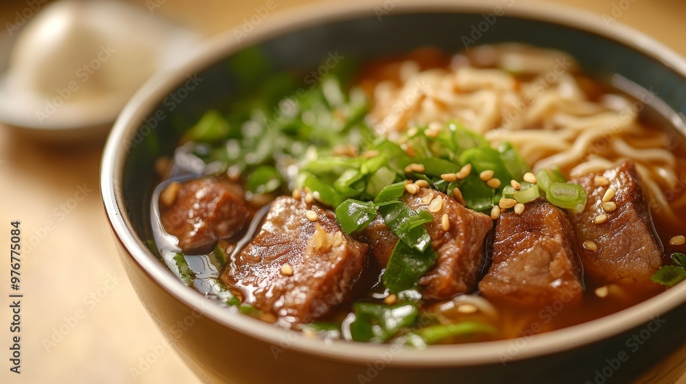 100. Close-up of a hearty bowl of Hakka Pork Noodle Soup, with savory pork, chewy noodles, and fresh greens, garnished with fried garlic and green onions 100. Close-up of a hearty bowl of Hakka Pork Noodle Soup, with savory pork, chewy noodles, and fresh greens, garnished with fried garlic and green onions