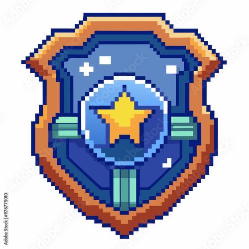 Pixel Art Police Badge Shield with Star in Retro Game Style