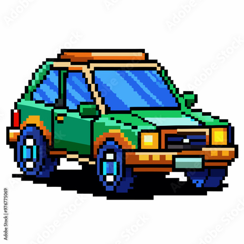 Pixel Art Car Retro Pixelated Vehicle in 8 Bit Style with Green, Orange, and Blue Tones