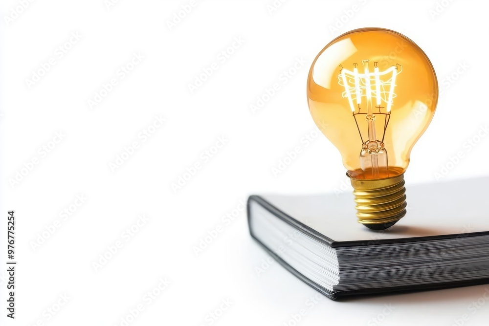 A creative concept showcasing a light bulb resting on an open book, symbolizing ideas, knowledge, and inspiration with isolated on white background A creative concept showcasing a light bulb resting on an open book, symbolizing ideas, knowledge, and inspiration with isolated on white background