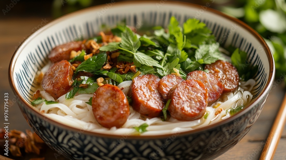 108. Detailed shot of Vietnamese rice noodle soup with tender sausage slices, fresh herbs, and crispy onions, presented in a traditional bowl 108. Detailed shot of Vietnamese rice noodle soup with tender sausage slices, fresh herbs, and crispy onions, presented in a traditional bowl