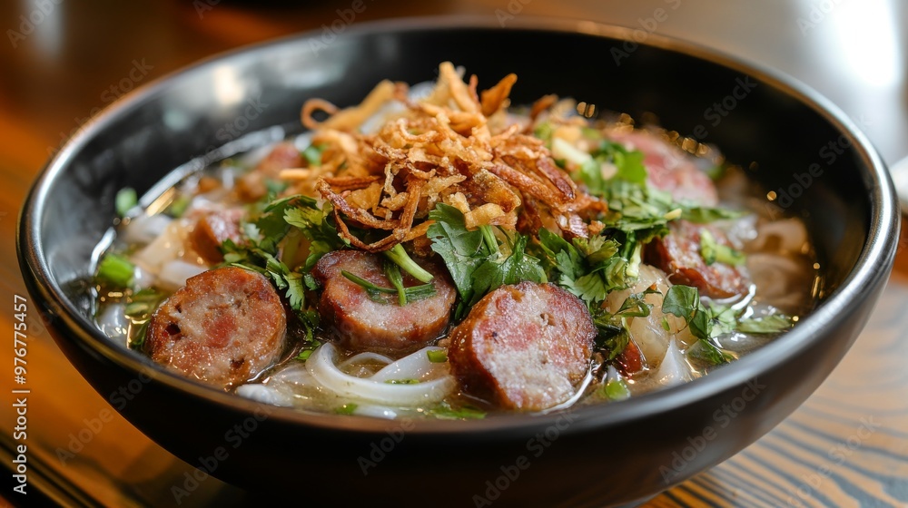 108. Detailed shot of Vietnamese rice noodle soup with tender sausage slices, fresh herbs, and crispy onions, presented in a traditional bowl 108. Detailed shot of Vietnamese rice noodle soup with tender sausage slices, fresh herbs, and crispy onions, presented in a traditional bowl