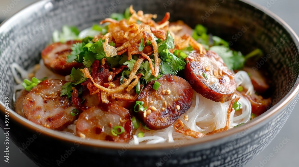 108. Detailed shot of Vietnamese rice noodle soup with tender sausage slices, fresh herbs, and crispy onions, presented in a traditional bowl 108. Detailed shot of Vietnamese rice noodle soup with tender sausage slices, fresh herbs, and crispy onions, presented in a traditional bowl