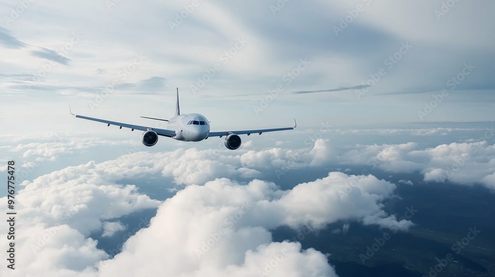 Obraz premium Soaring Above the Clouds: A majestic passenger airliner gracefully cruises above a breathtaking cloudscape, capturing the awe-inspiring beauty of air travel. 