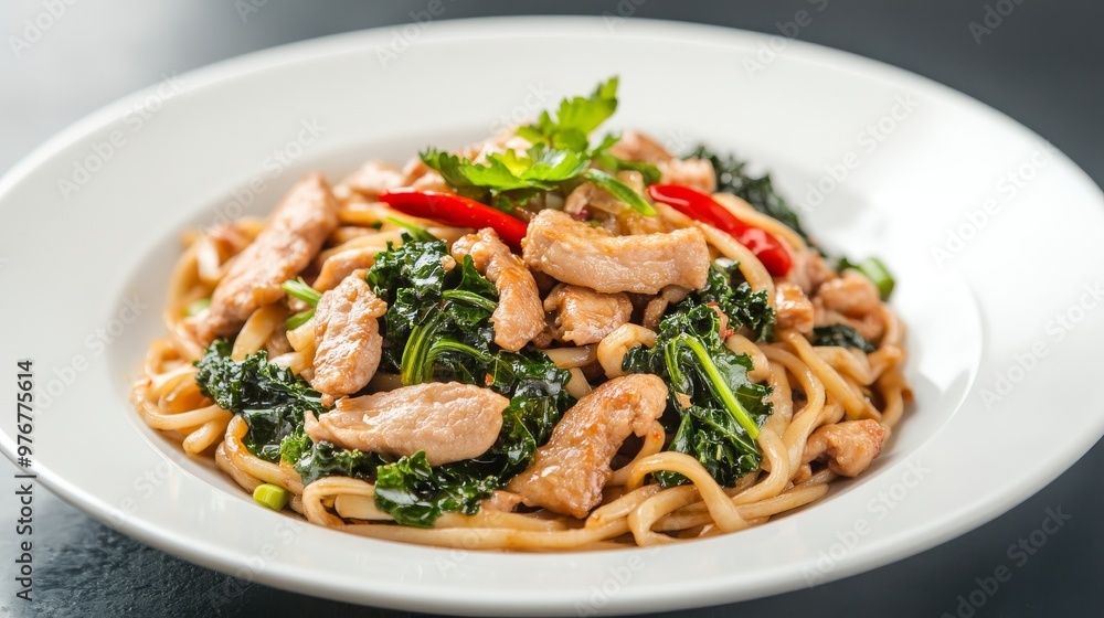112. High-angle view of a dish of stir-fried rice noodles, featuring tender pork, vibrant kale, and a savory black soy sauce, served on a white plate 112. High-angle view of a dish of stir-fried rice noodles, featuring tender pork, vibrant kale, and a savory black soy sauce, served on a white plate
