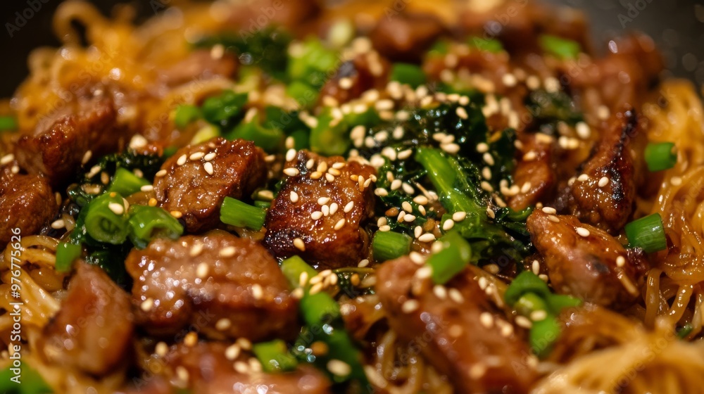 113. Detailed shot of stir-fried rice noodles with pork and kale, coated in a dark soy sauce, garnished with sesame seeds and green onions 113. Detailed shot of stir-fried rice noodles with pork and kale, coated in a dark soy sauce, garnished with sesame seeds and green onions