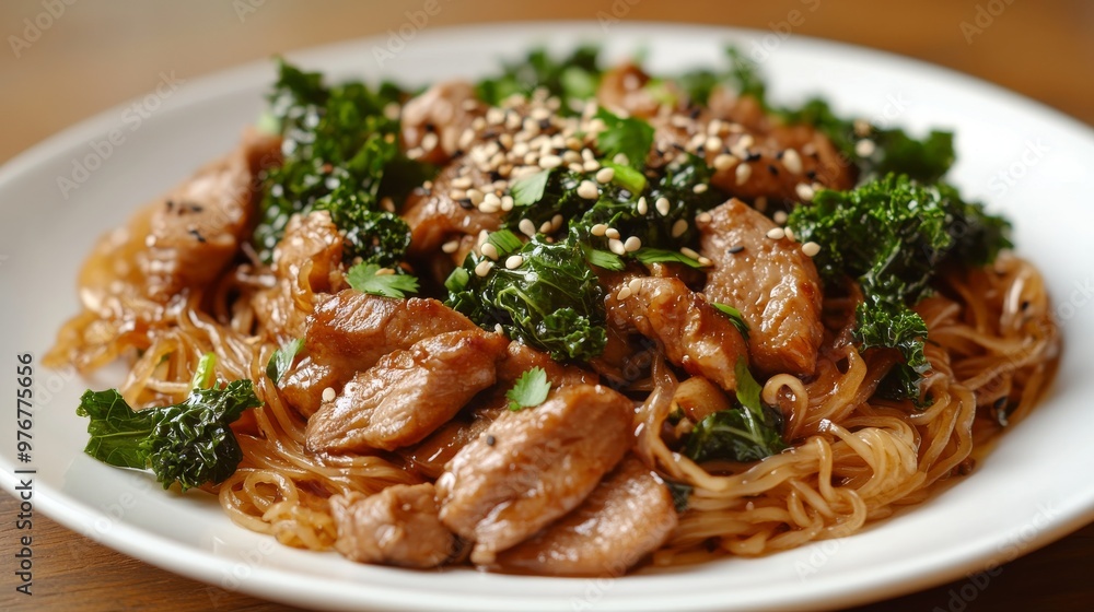 114. Plate of stir-fried rice noodles with juicy pork, crisp kale, and a flavorful black soy sauce, garnished with sesame seeds and fresh herbs 114. Plate of stir-fried rice noodles with juicy pork, crisp kale, and a flavorful black soy sauce, garnished with sesame seeds and fresh herbs