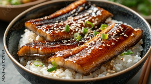 116. Close-up of a traditional unagi rice bowl, featuring grilled eel glazed with a rich sauce, served over steamed rice and garnished with sesame seeds and green onions