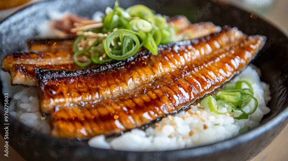 118. Detailed shot of an unagi rice bowl, with perfectly grilled eel slices on a bed of steamed rice, topped with a sweet soy glaze and garnished with green onions 118. Detailed shot of an unagi rice bowl, with perfectly grilled eel slices on a bed of steamed rice, topped with a sweet soy glaze and garnished with green onions
