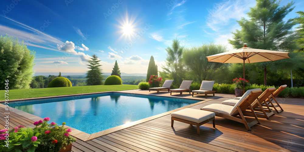 Obraz premium Relaxing by the pool on a sunny day , pool, swimming, relaxation, leisure, vacation, summer, resort, water