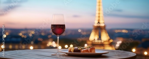 Wallpaper Mural Gourmet dining experience on a rooftop terrace, with views of the Eiffel Tower at night, under twinkling lights Torontodigital.ca