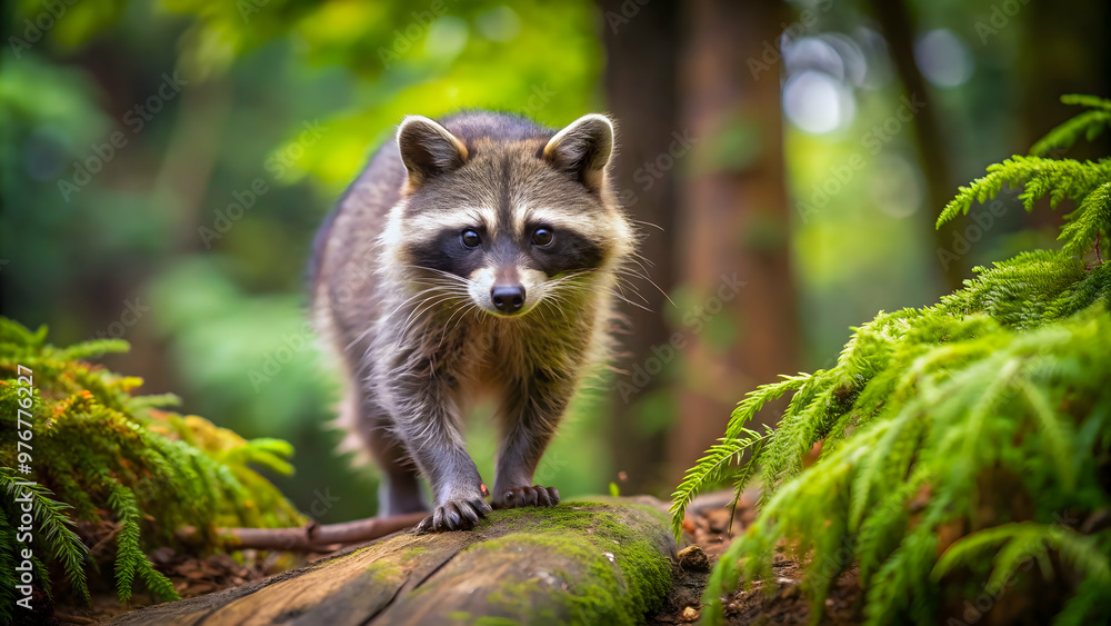 Playful raccoon exploring in the forest setting, wildlife, nature, animal, furry, cute, foraging, outdoors, curious, woodland Playful raccoon exploring in the forest setting, wildlife, nature, animal, furry, cute, foraging, outdoors, curious, woodland