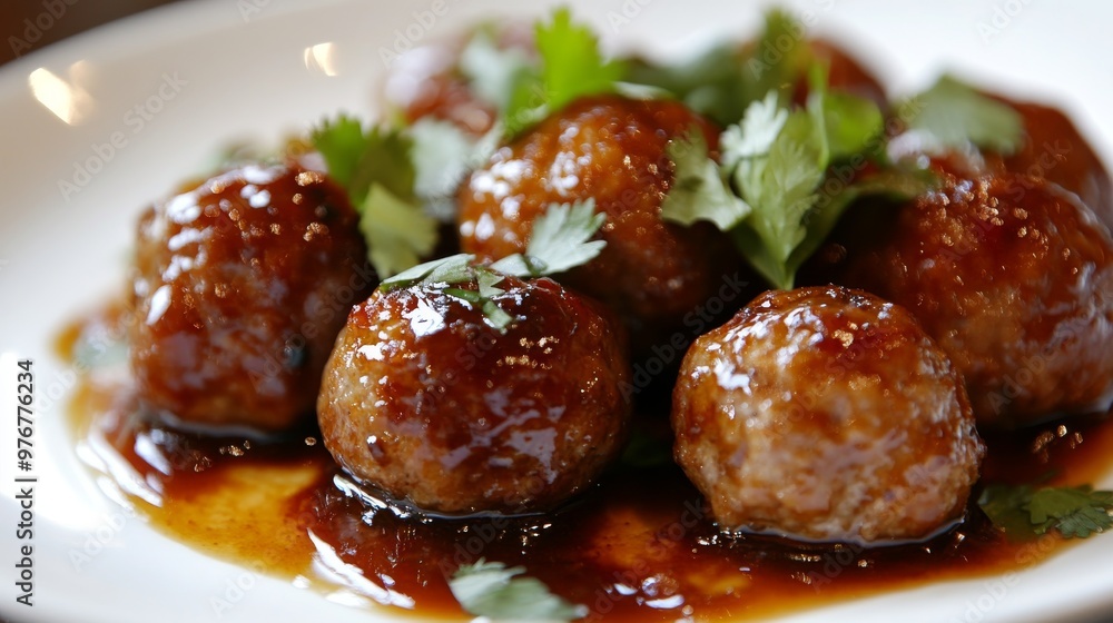 132. Close-up of Thai-style meatballs, perfectly cooked and drizzled with a rich, spicy sauce, garnished with fresh cilantro and served on a pristine white plate 132. Close-up of Thai-style meatballs, perfectly cooked and drizzled with a rich, spicy sauce, garnished with fresh cilantro and served on a pristine white plate