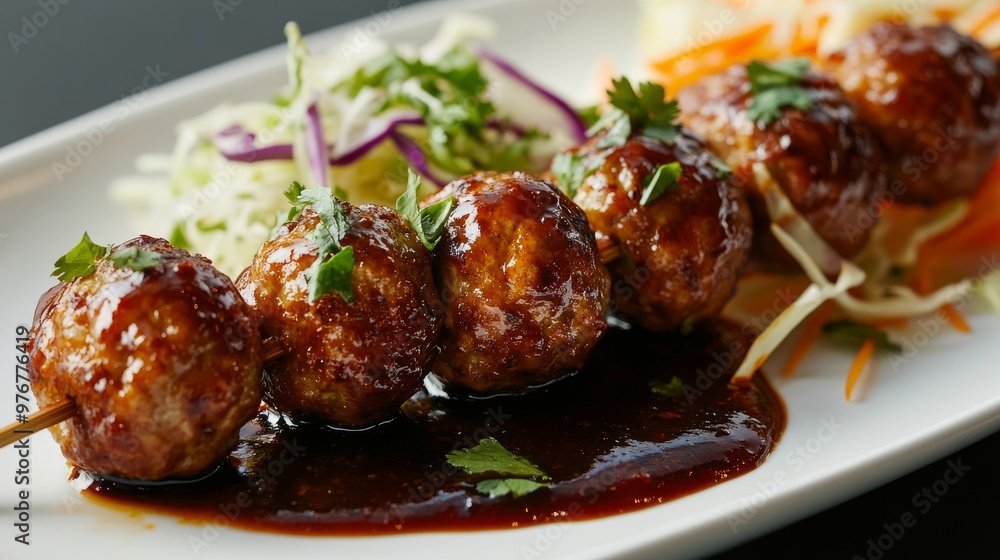 141. Close-up of skewered meatballs, covered in a flavorful spicy sauce, with fresh coriander and shredded cabbage on the side, arranged on a clean white plate 141. Close-up of skewered meatballs, covered in a flavorful spicy sauce, with fresh coriander and shredded cabbage on the side, arranged on a clean white plate