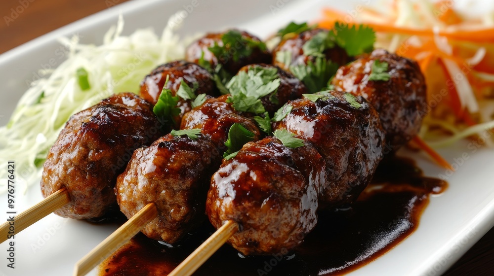 141. Close-up of skewered meatballs, covered in a flavorful spicy sauce, with fresh coriander and shredded cabbage on the side, arranged on a clean white plate 141. Close-up of skewered meatballs, covered in a flavorful spicy sauce, with fresh coriander and shredded cabbage on the side, arranged on a clean white plate