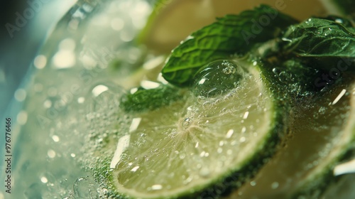 142. Close-up of a refreshing virgin mojito, with fresh lime slices and mint leaves floating in a glass, filled with ice and a hint of bubbles