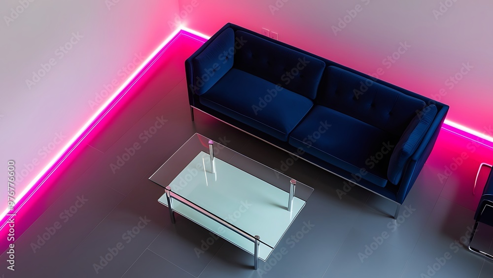 3D Render of an open-plan living room with a sofa, dining table, and bookshelf, floor plan 3D Render of an open-plan living room with a sofa, dining table, and bookshelf, floor plan