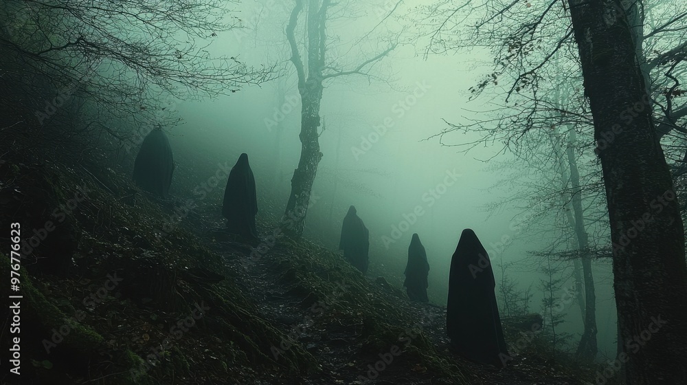 A dark and foggy forest with ghostly figures lurking among the trees A dark and foggy forest with ghostly figures lurking among the trees