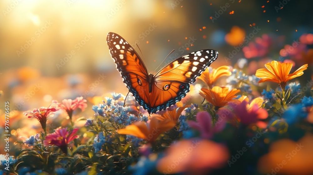 A butterfly perched on vibrant flowers in a sunlit garden. A butterfly perched on vibrant flowers in a sunlit garden.