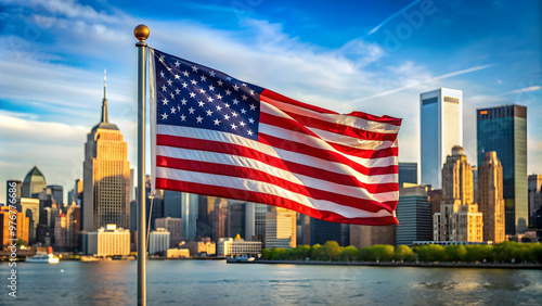 Flag waving in the front view with buildings and skyline in the background, flag, waving, front view