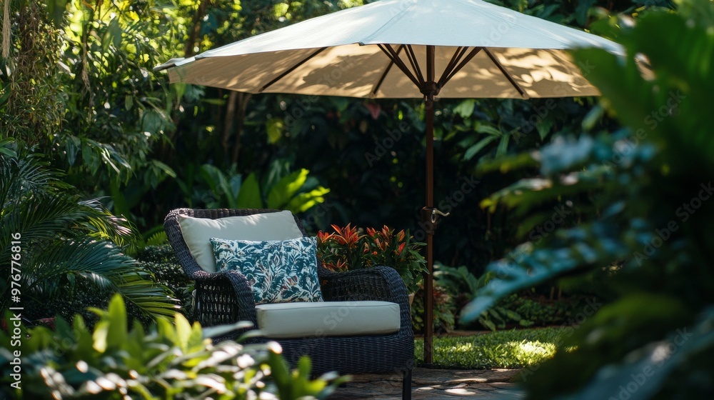 Obraz premium 152. Close-up of a cozy outdoor patio chair with plush pillows, set under a large umbrella in a lush garden, creating a serene and comfortable atmosphere