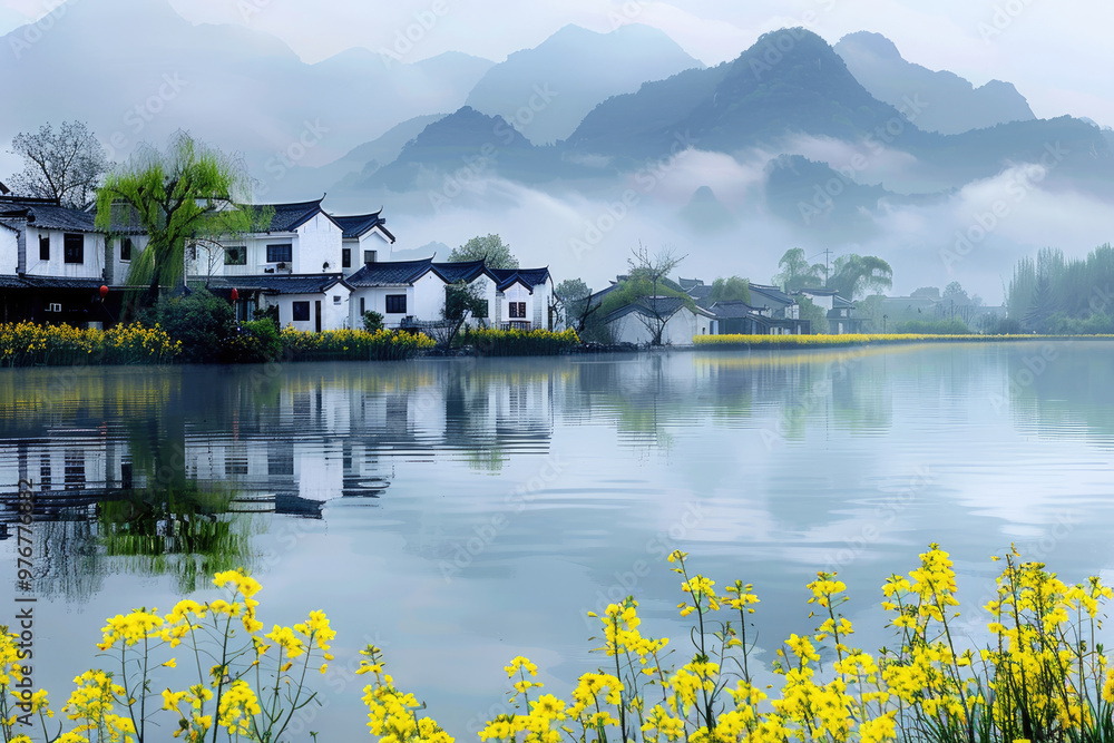 Fototapeta premium In spring, rapeseed flowers bloom, and houses by the lake