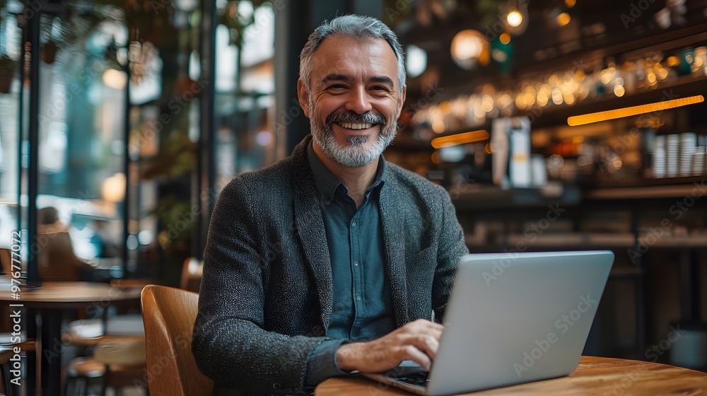 Smiling Man Using Laptop in a Cafe Setting Smiling Man Using Laptop in a Cafe Setting