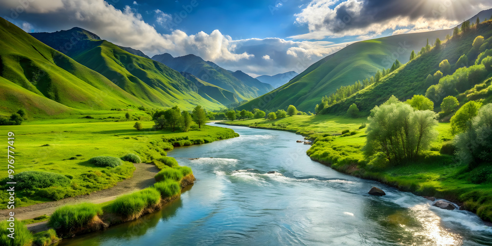 Flowing river in lush green valley on background, river, flowing, water, nature, landscape, greenery, beautiful, scenic Flowing river in lush green valley on background, river, flowing, water, nature, landscape, greenery, beautiful, scenic