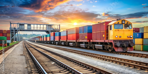 Logistic train loading cargo at an inland port, logistics, train, transportation, cargo, shipping, freight