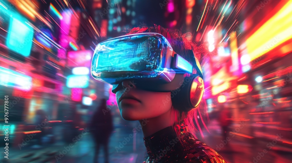 Intricate Digital Illustration of a Girl in VR Glasses with Colorful Lights, Cyberpunk Technology Atmosphere Intricate Digital Illustration of a Girl in VR Glasses with Colorful Lights, Cyberpunk Technology Atmosphere